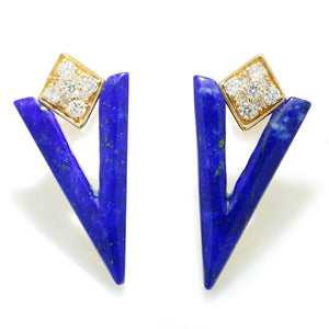 Once Upon A Diamond Earrings Yellow Gold V-Shaped Lapis Lazuli Stud Earrings with Diamonds 14K Gold