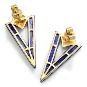 Once Upon A Diamond Earrings Yellow Gold V-Shaped Lapis Lazuli Stud Earrings with Diamonds 14K Gold