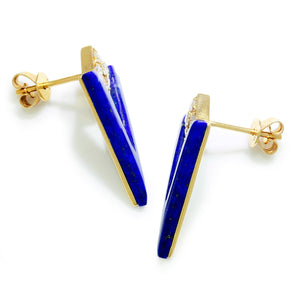 Once Upon A Diamond Earrings Yellow Gold V-Shaped Lapis Lazuli Stud Earrings with Diamonds 14K Gold