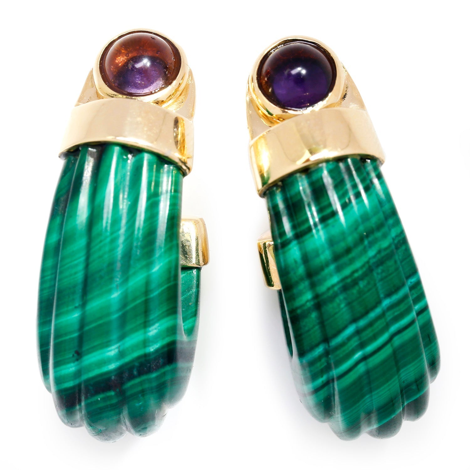 Once Upon A Diamond Earrings Yellow Gold Vintage Carved Malachite Hoop Stud Earrings with Amethyst's 14K