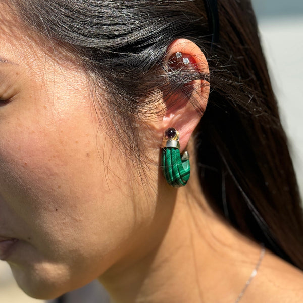 Vintage Carved Malachite Hoop Stud Earrings with Amethysts 14K - Image 3