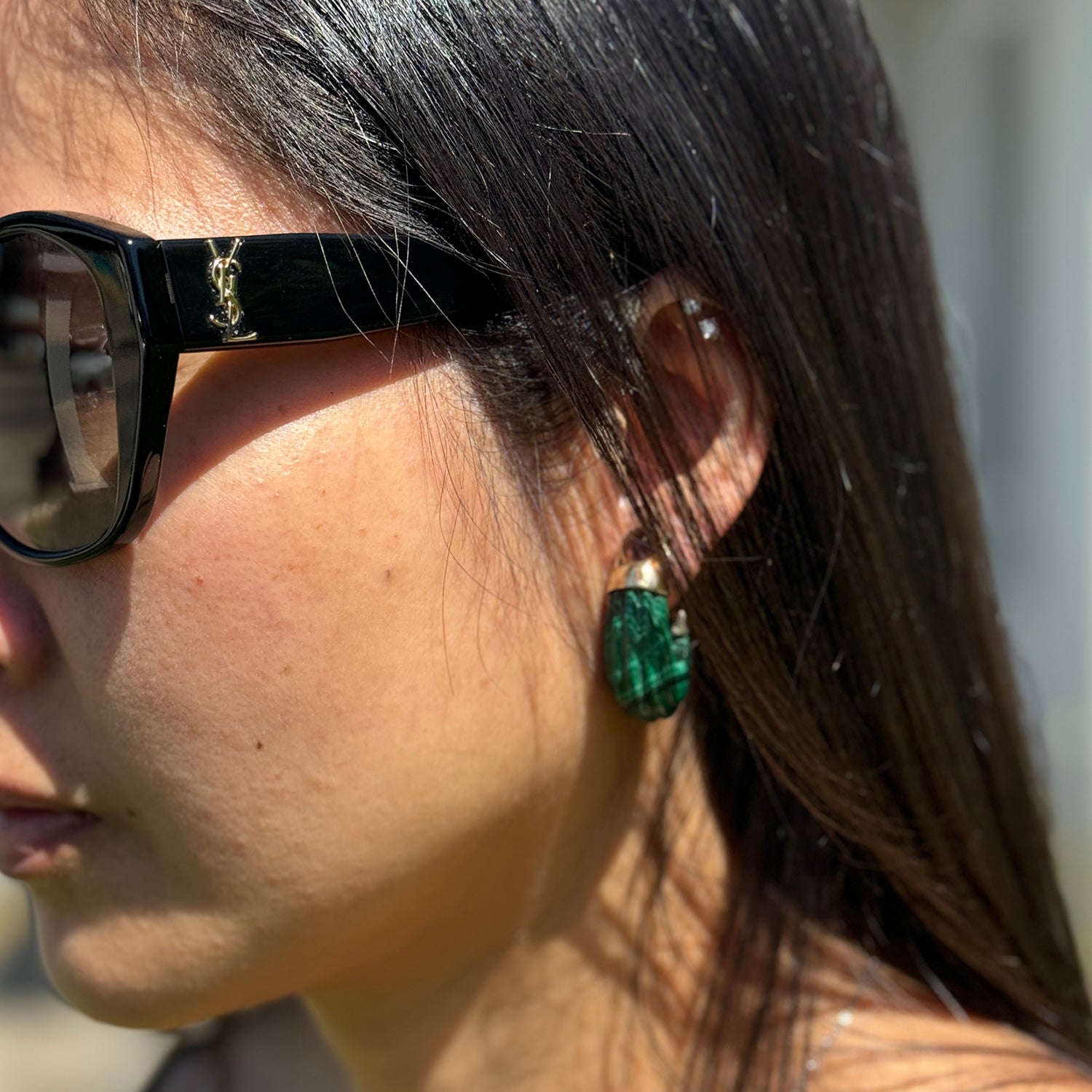 Once Upon A Diamond Earrings Yellow Gold Vintage Carved Malachite Hoop Stud Earrings with Amethyst's 14K