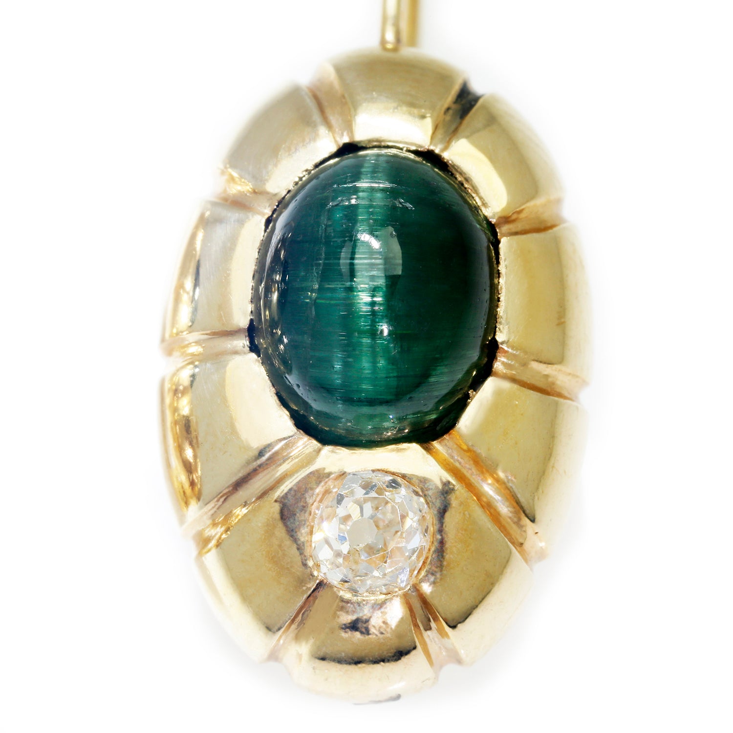 Once Upon A Diamond Earrings Yellow Gold Vintage Cat's Eye Tourmaline Fishhook Earrings with Diamonds 14K Gold