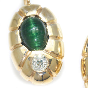 Once Upon A Diamond Earrings Yellow Gold Vintage Cat's Eye Tourmaline Fishhook Earrings with Diamonds 14K Gold