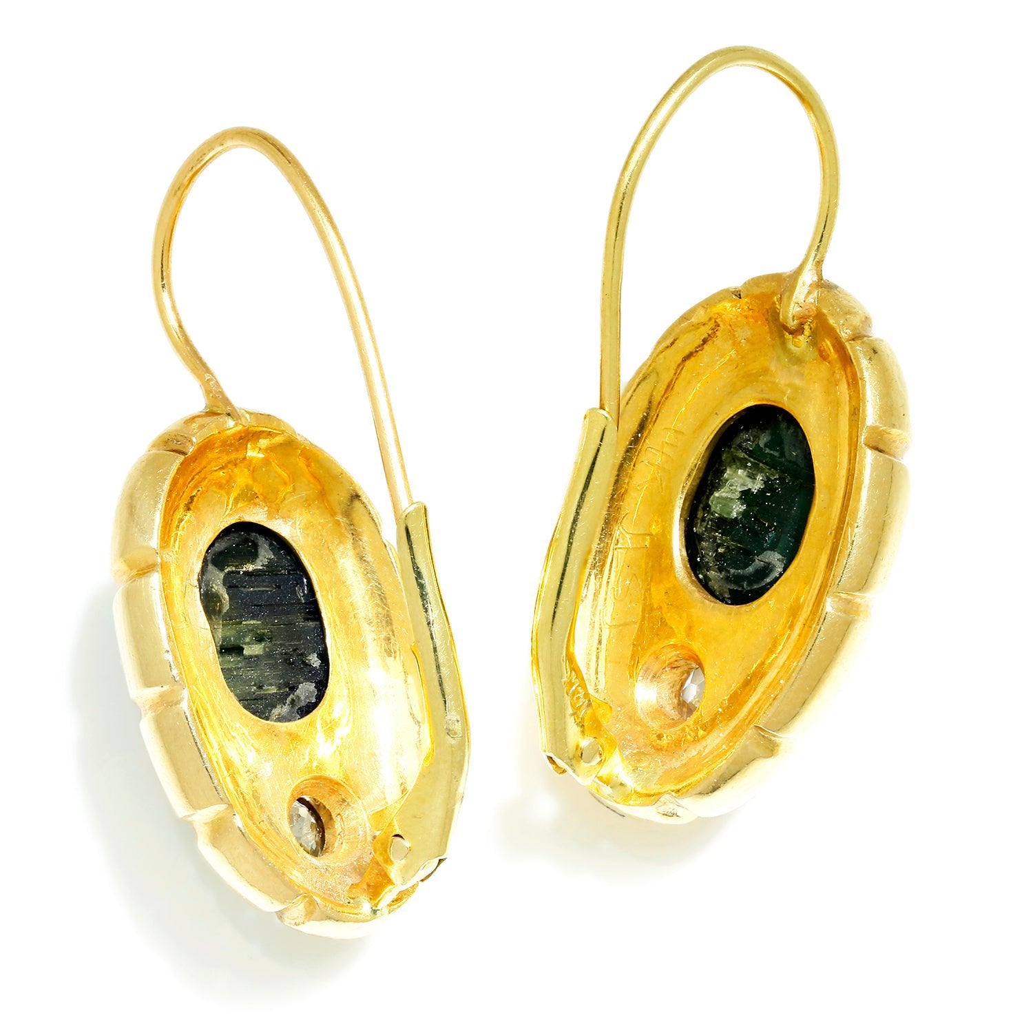 Once Upon A Diamond Earrings Yellow Gold Vintage Cat's Eye Tourmaline Fishhook Earrings with Diamonds 14K Gold