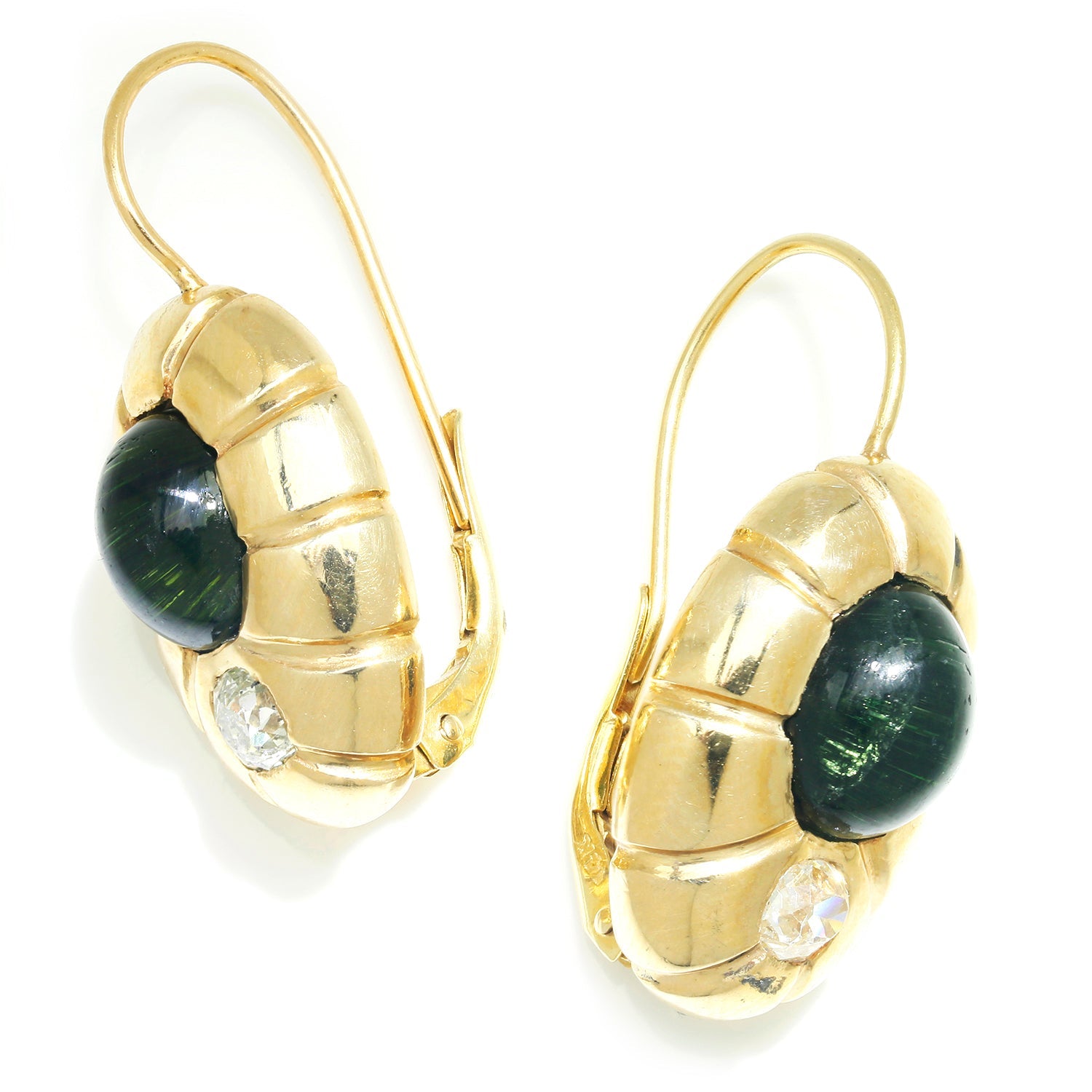 Once Upon A Diamond Earrings Yellow Gold Vintage Cat's Eye Tourmaline Fishhook Earrings with Diamonds 14K Gold