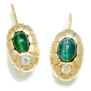 Once Upon A Diamond Earrings Yellow Gold Vintage Cat's Eye Tourmaline Fishhook Earrings with Diamonds 14K Gold