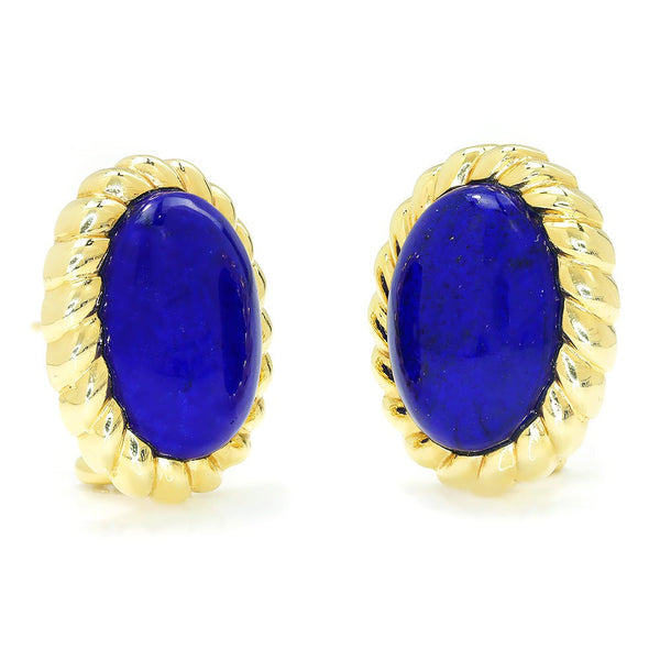 Vintage Lapis Lazuli Oval Ribbed Earrings Yellow Gold - Image 2