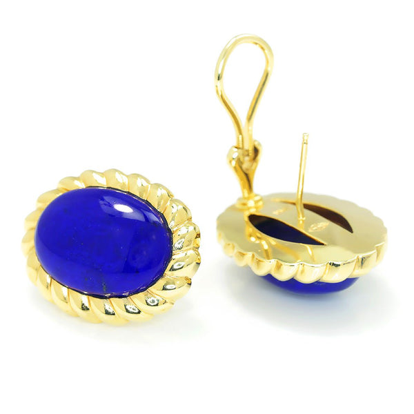 Vintage Lapis Lazuli Oval Ribbed Earrings Yellow Gold - Image 3