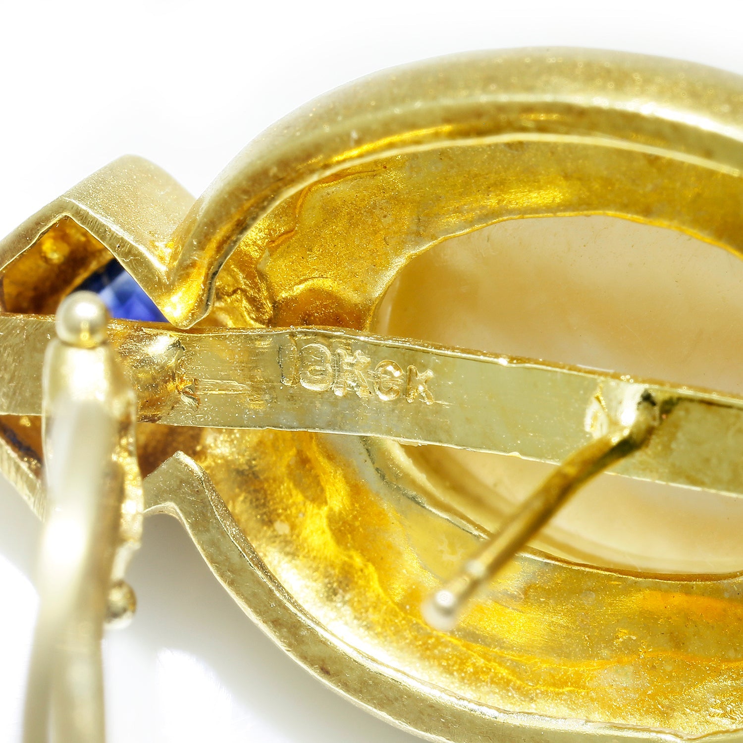 Once Upon A Diamond Earrings Yellow Gold Vintage Mabe Pearl Omega Earrings with Sapphires 18K Yellow Gold