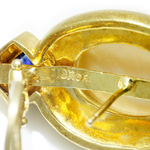 Once Upon A Diamond Earrings Yellow Gold Vintage Mabe Pearl Omega Earrings with Sapphires 18K Yellow Gold