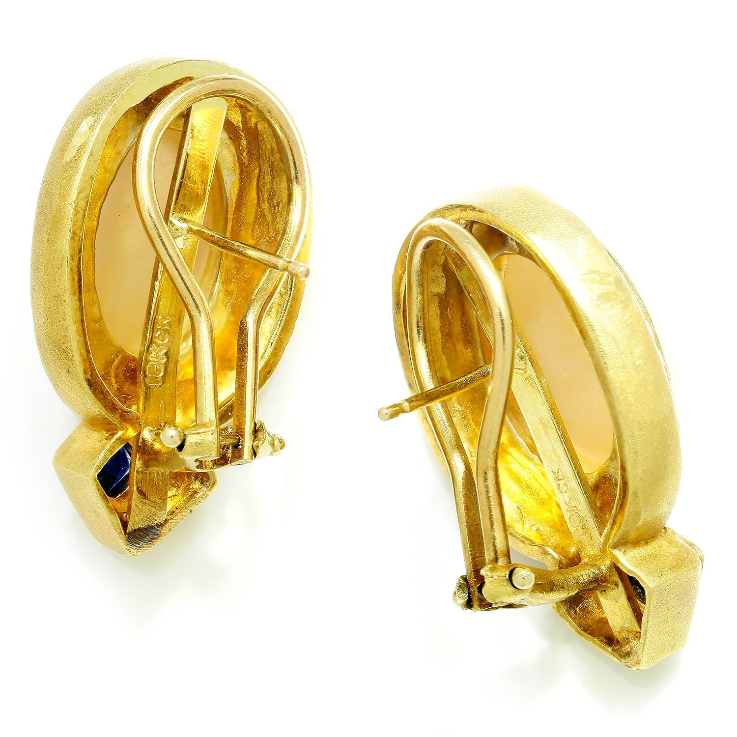 Once Upon A Diamond Earrings Yellow Gold Vintage Mabe Pearl Omega Earrings with Sapphires 18K Yellow Gold