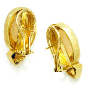 Once Upon A Diamond Earrings Yellow Gold Vintage Mabe Pearl Omega Earrings with Sapphires 18K Yellow Gold