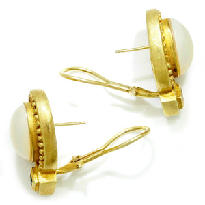 Once Upon A Diamond Earrings Yellow Gold Vintage Mabe Pearl Omega Earrings with Sapphires 18K Yellow Gold