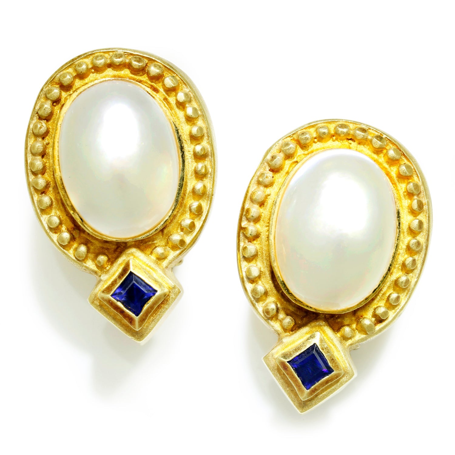 Once Upon A Diamond Earrings Yellow Gold Vintage Mabe Pearl Omega Earrings with Sapphires 18K Yellow Gold