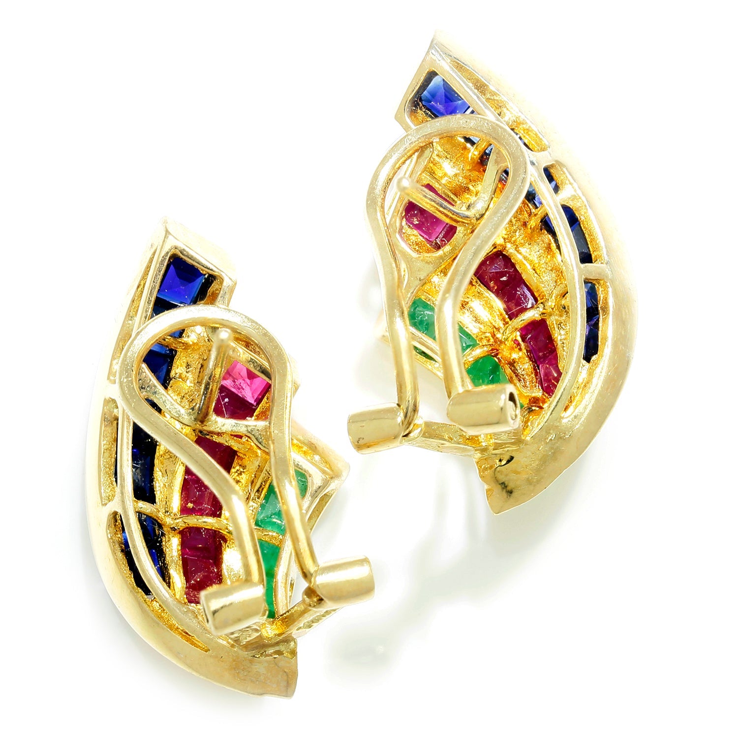 Once Upon A Diamond Earrings Yellow Gold Vintage Precious Gemstone Wave Omega Earrings 14K Yellow Gold