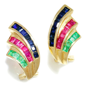 Once Upon A Diamond Earrings Yellow Gold Vintage Precious Gemstone Wave Omega Earrings 14K Yellow Gold