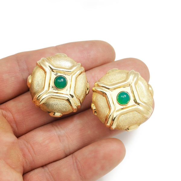 Yellow Gold Etruscan Style Green Chrysoprase Omega Earrings - Image 2