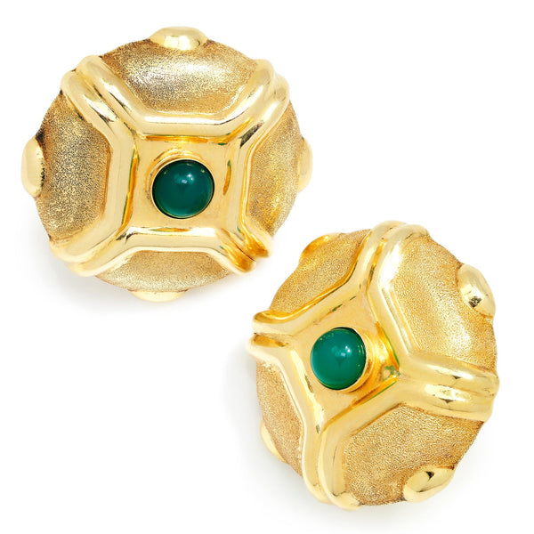 Yellow Gold Etruscan Style Green Chrysoprase Omega Earrings - Image 3