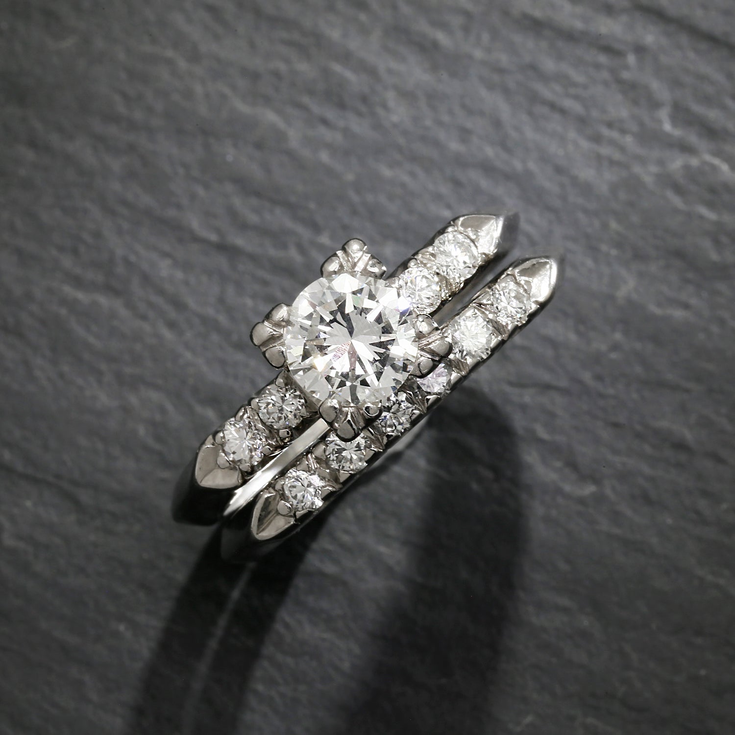 Once Upon A Diamond Engagement Ring Platinum Round Diamond Vintage Wedding Ring Bridal Set Platinum 1.15ctw