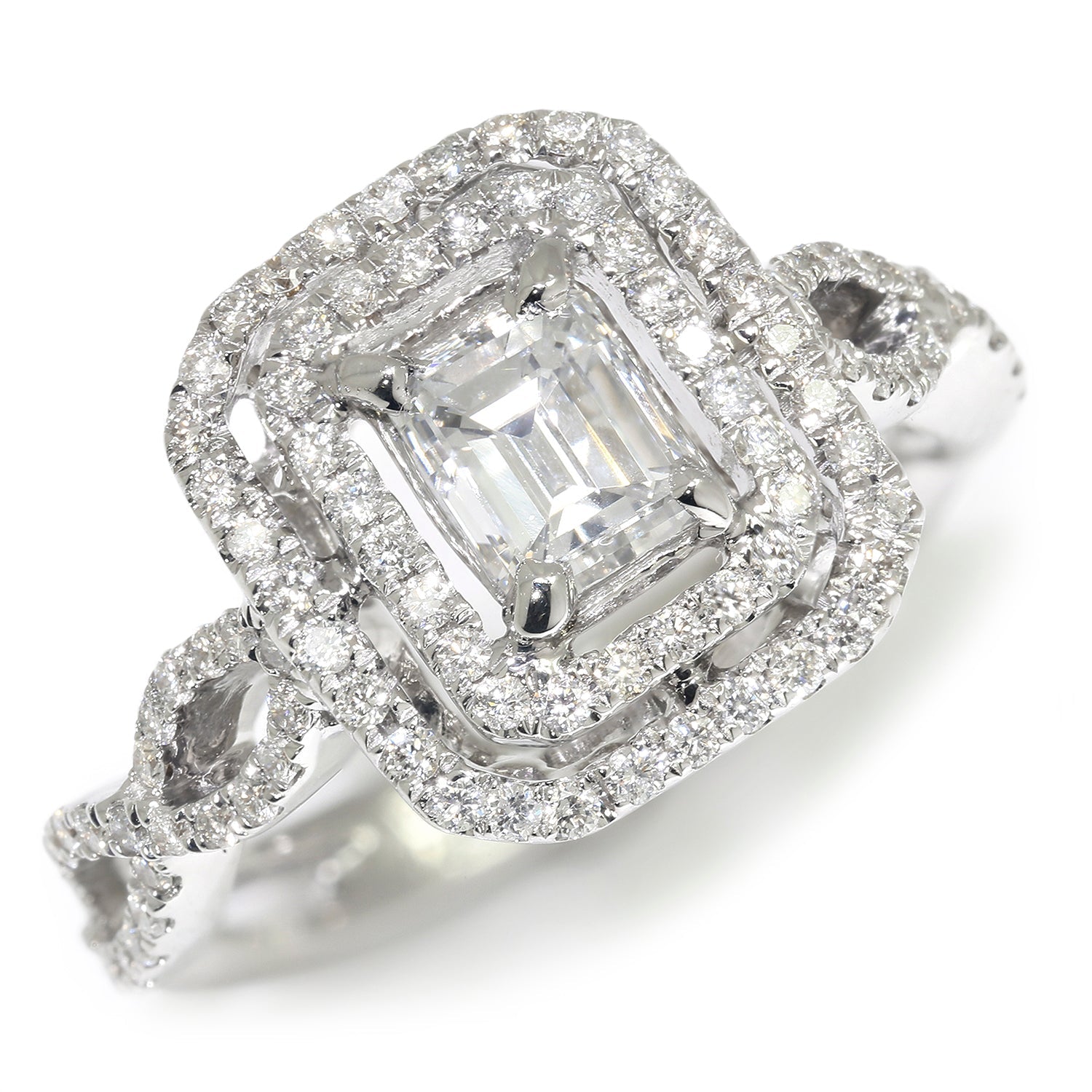 Once Upon A Diamond Engagement Ring White Gold Emerald Cut Diamond Double-Halo Engagement Ring 18K White Gold 1.31ctw