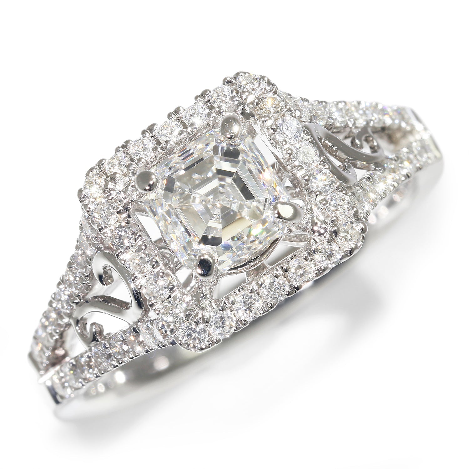 Once Upon A Diamond Engagement Ring White Gold GIA Asscher Diamond Halo Engagement Ring 18K White Gold 1.48ctw