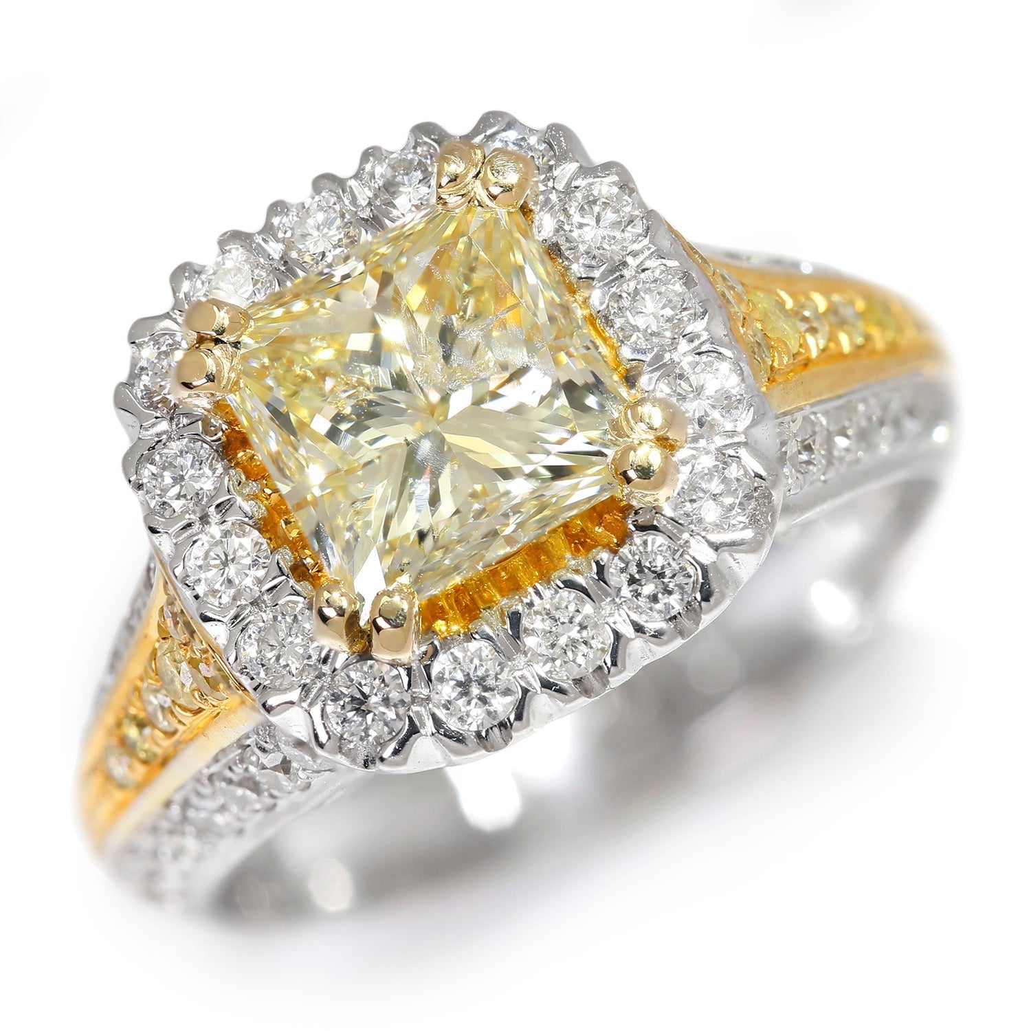 Once Upon A Diamond Engagement Ring White & Yellow Gold 2.01CT Natural Fancy Yellow Princess Diamond Ring 18K
