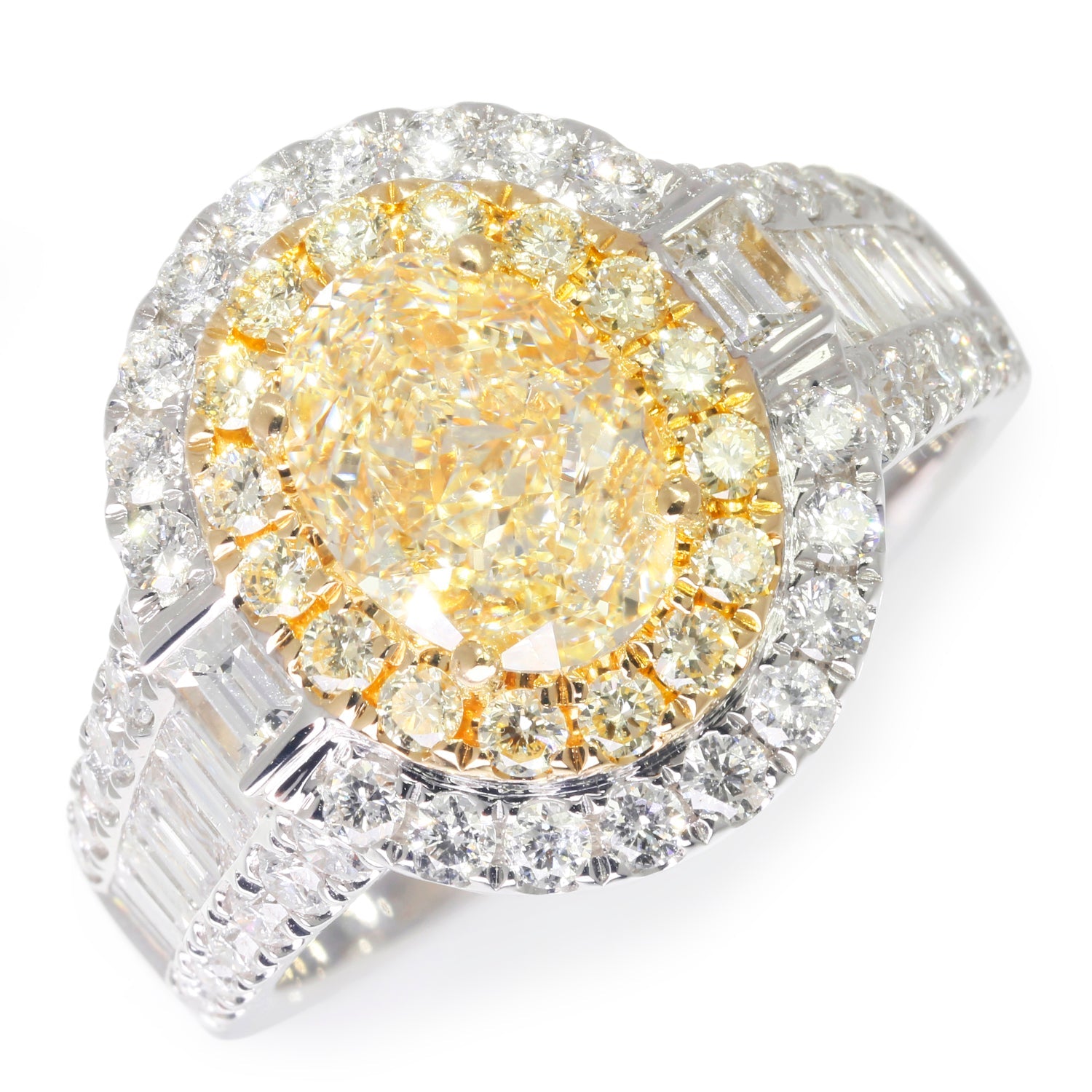 Once Upon A Diamond Engagement Ring White & Yellow Gold GIA Certified Oval Y-Z Yellow Diamond Halo Ring with Accents 18K 3.57ctw