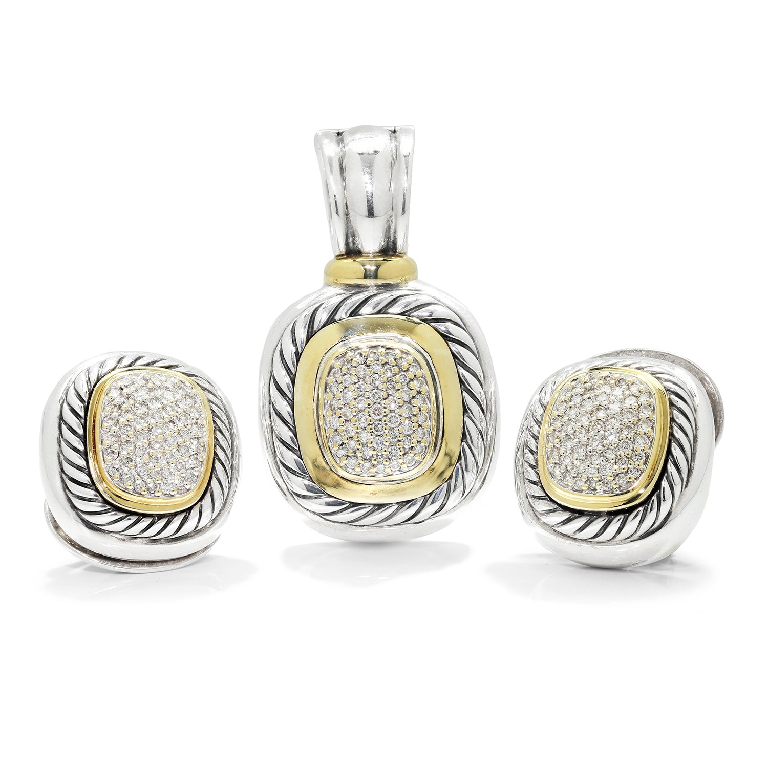 Once Upon A Diamond Jewelry Set Sterling Silver & Yellow Gold David Yurman Albion Pendant & Earring Set with Diamonds 750 925