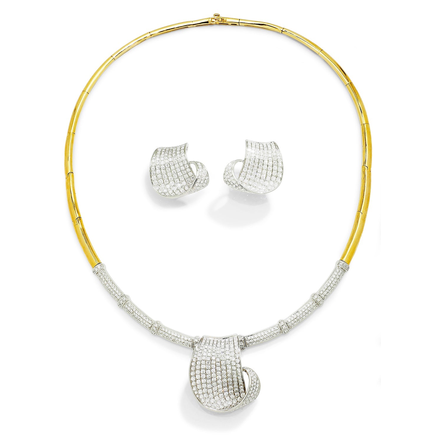 Once Upon A Diamond Jewelry Set White & Yellow Gold 8.95ctw Diamond Wave Pendant Earring Necklace Set 14K Two-Tone Gold