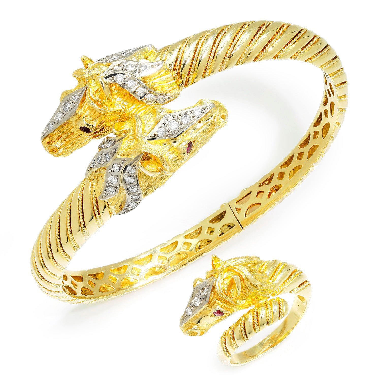 Once Upon A Diamond Jewelry Set Yellow & White Gold Vintage Diamond Horse Head Bangle & Ring Set with Rubies 18K Gold