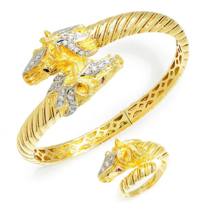 Once Upon A Diamond Jewelry Set Yellow & White Gold Vintage Diamond Horse Head Bangle & Ring Set with Rubies 18K Gold