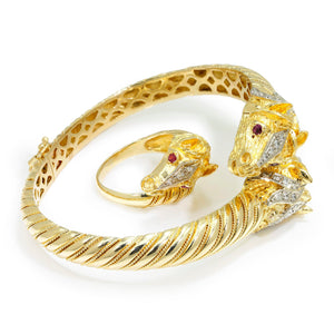 Once Upon A Diamond Jewelry Set Yellow & White Gold Vintage Diamond Horse Head Bangle & Ring Set with Rubies 18K Gold