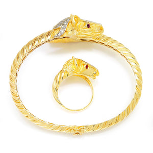 Once Upon A Diamond Jewelry Set Yellow & White Gold Vintage Diamond Horse Head Bangle & Ring Set with Rubies 18K Gold