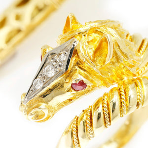 Once Upon A Diamond Jewelry Set Yellow & White Gold Vintage Diamond Horse Head Bangle & Ring Set with Rubies 18K Gold