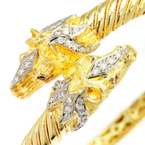 Once Upon A Diamond Jewelry Set Yellow & White Gold Vintage Diamond Horse Head Bangle & Ring Set with Rubies 18K Gold