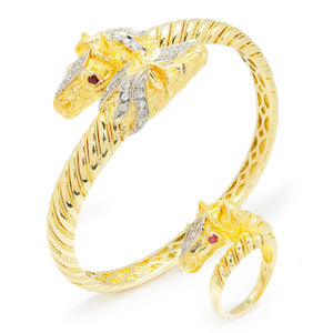 Once Upon A Diamond Jewelry Set Yellow & White Gold Vintage Diamond Horse Head Bangle & Ring Set with Rubies 18K Gold