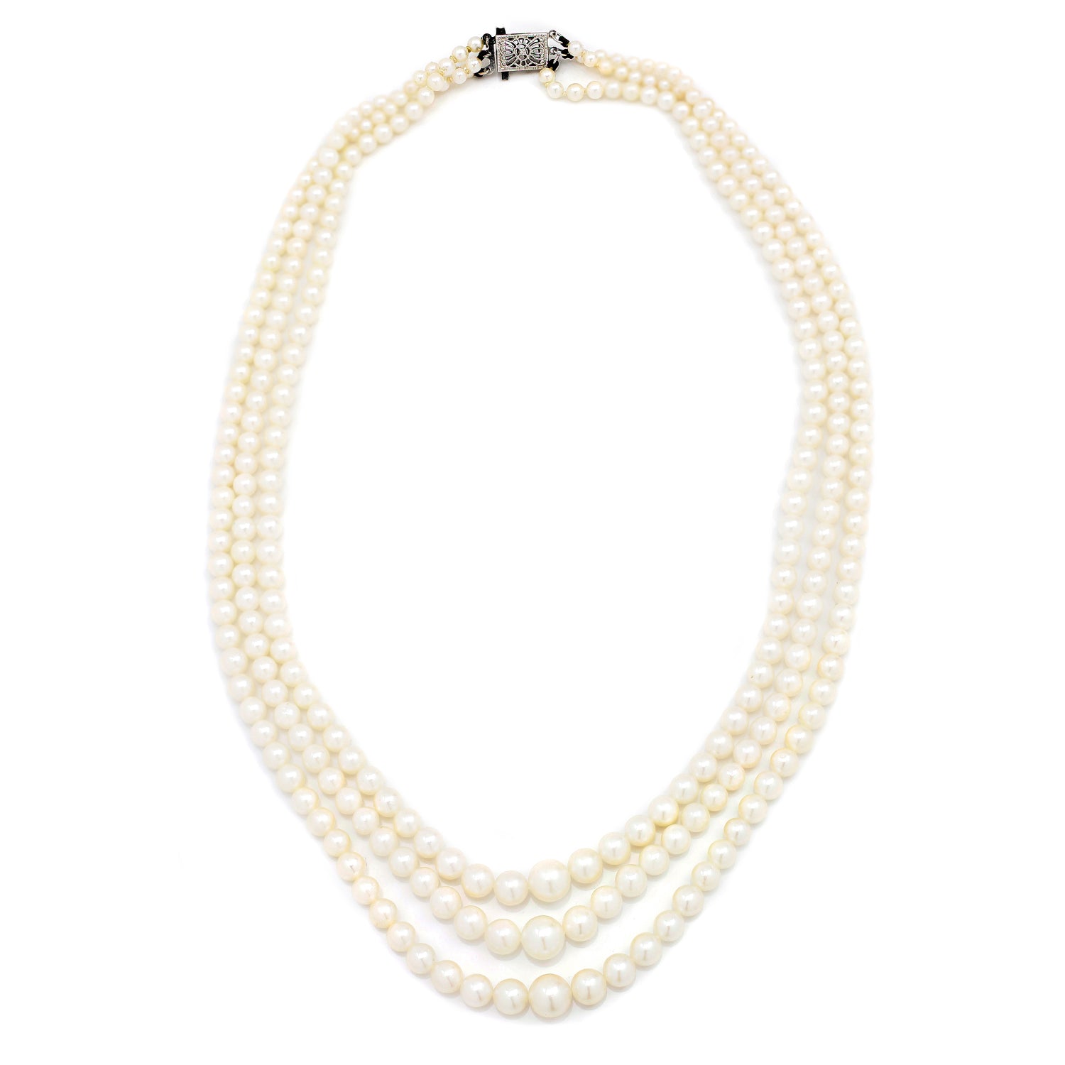 Once Upon A Diamond Necklace White Gold Triple-Strand Graduated Cultured Pearl Necklace 17" 14K White Gold