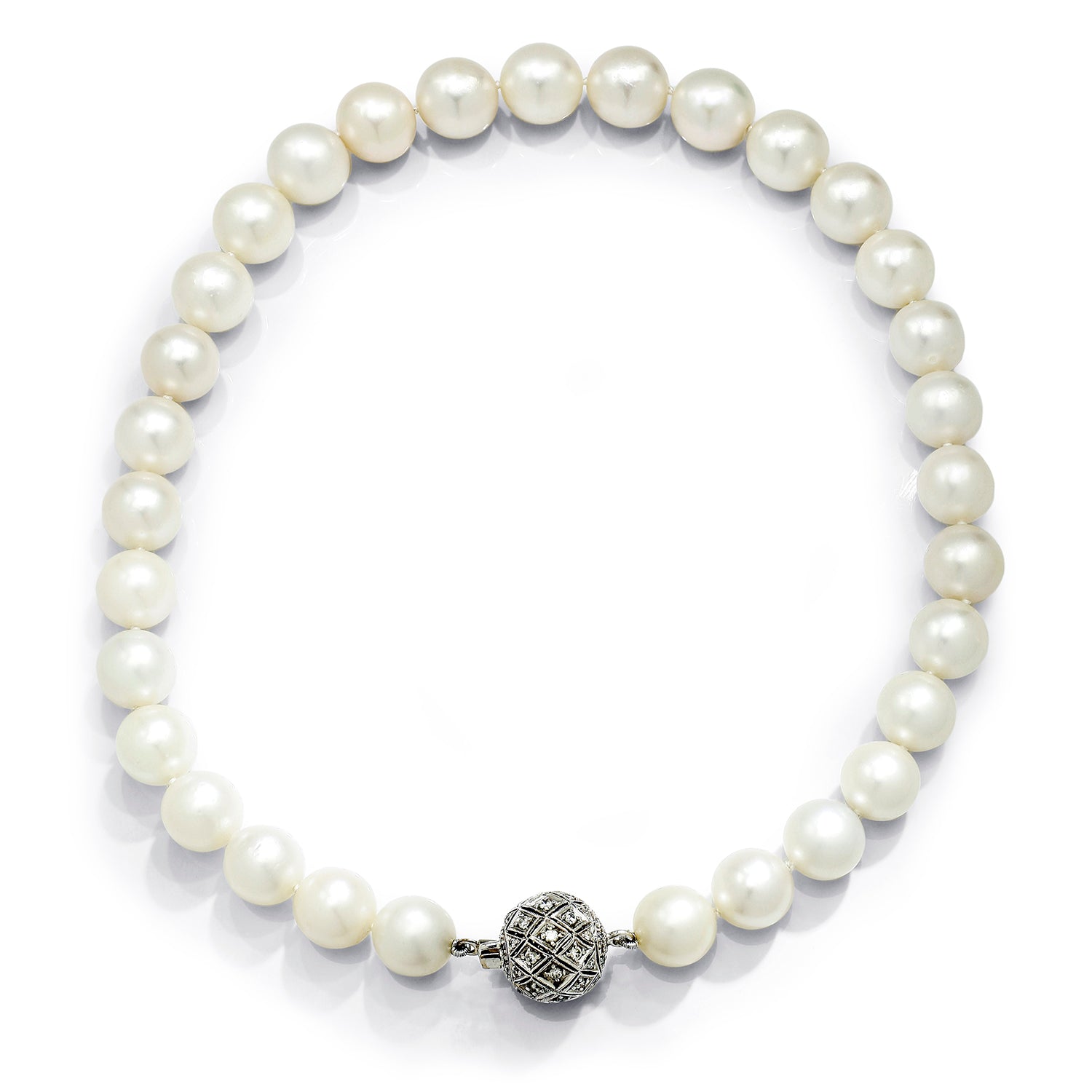 Once Upon A Diamond Necklace White Gold White Graduated Pearl Necklace with Diamonds 18K White Gold 16.25"