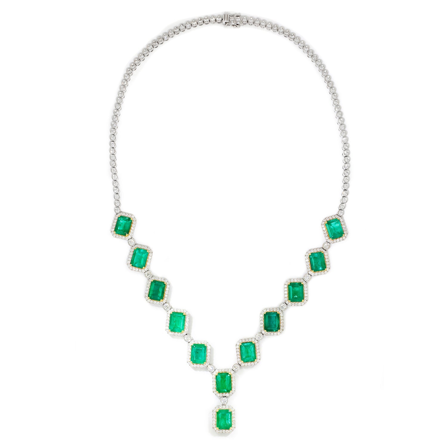 Once Upon A Diamond Necklace White & Yellow Gold Emerald Statement Necklace with Diamonds in 18Kt Two-Tone Gold 32.17ctw