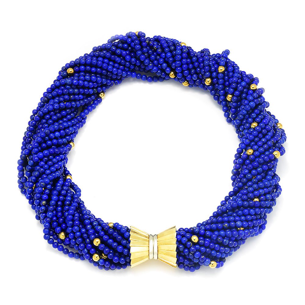 Once Upon A Diamond Necklace White & Yellow Gold Vintage Multi-Strand Lapis Lazuli Bead Necklace 18K Gold 16"