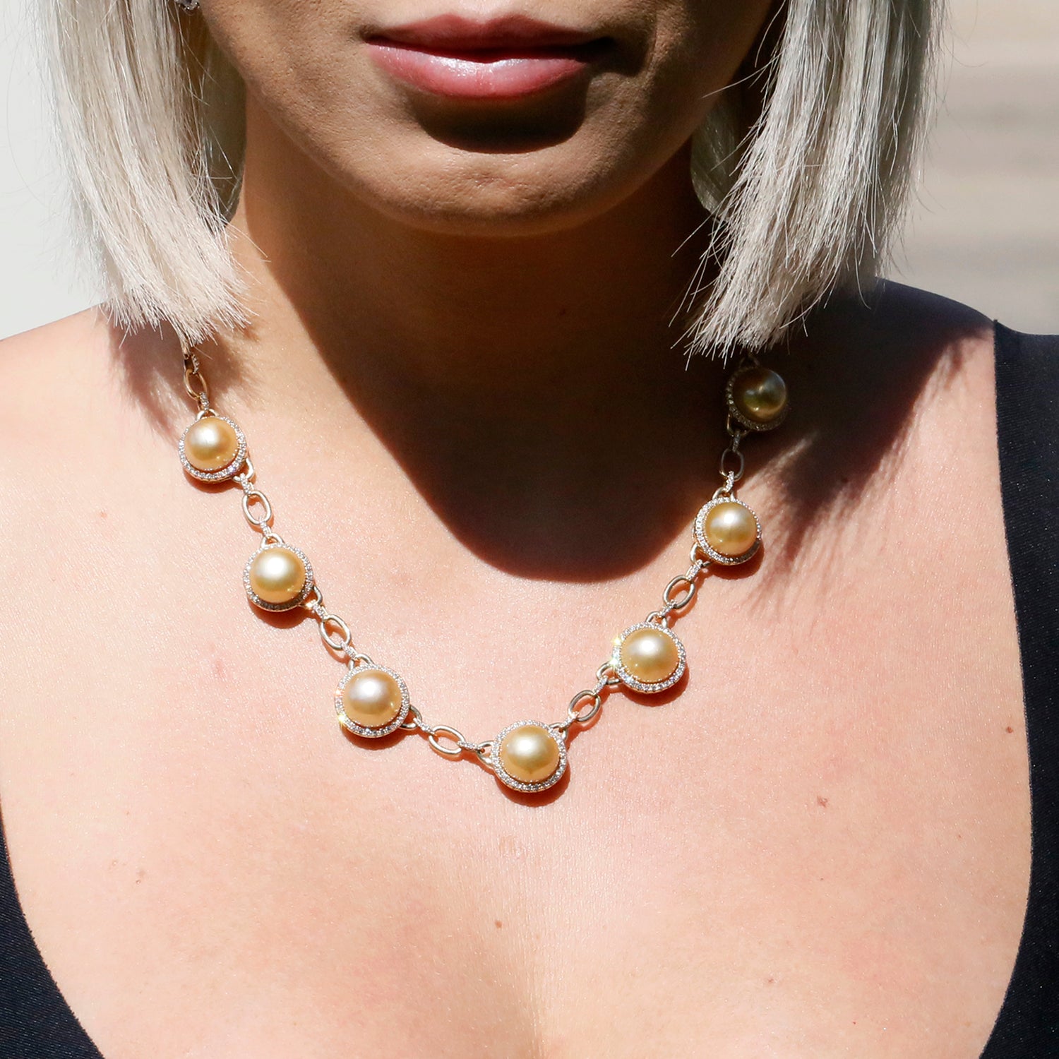 Once Upon A Diamond Necklace Yellow Gold Golden South Sea Pearl Necklace with Diamonds Yellow Gold
