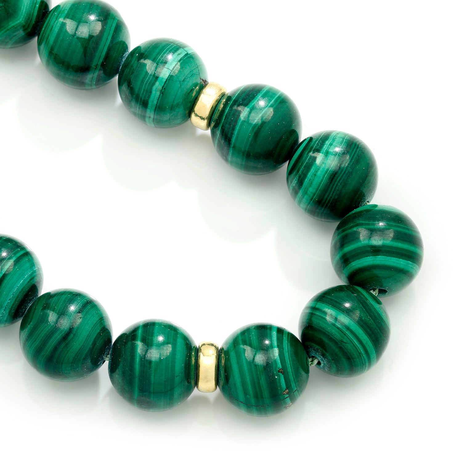 Once Upon A Diamond Necklace Yellow Gold Vintage Carved Malachite Beads with 14K Yellow Gold 31"