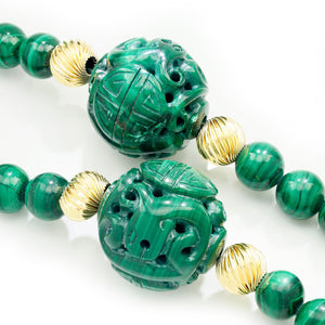Once Upon A Diamond Necklace Yellow Gold Vintage Carved Malachite Beads with 14K Yellow Gold 31"