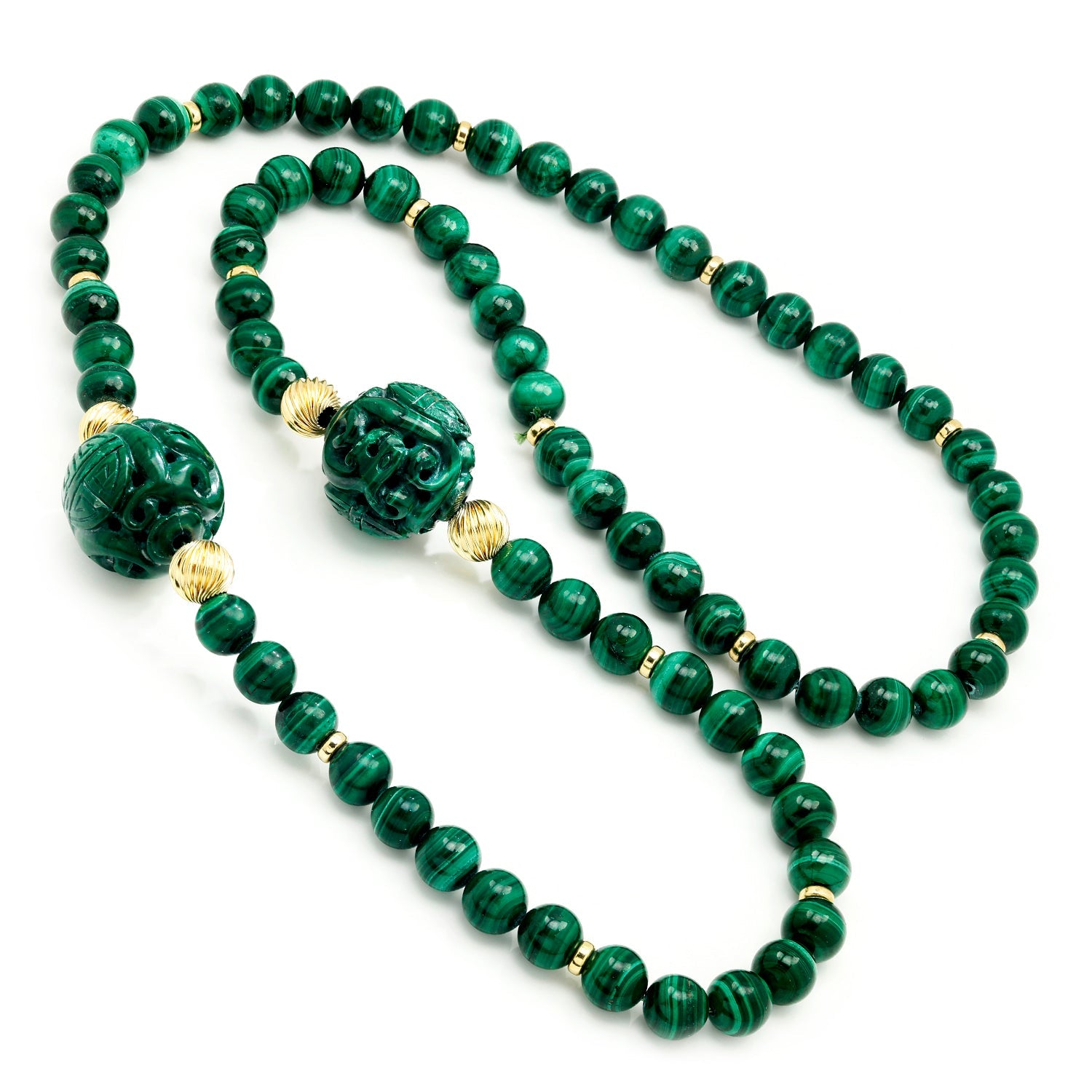 Once Upon A Diamond Necklace Yellow Gold Vintage Carved Malachite Beads with 14K Yellow Gold 31"