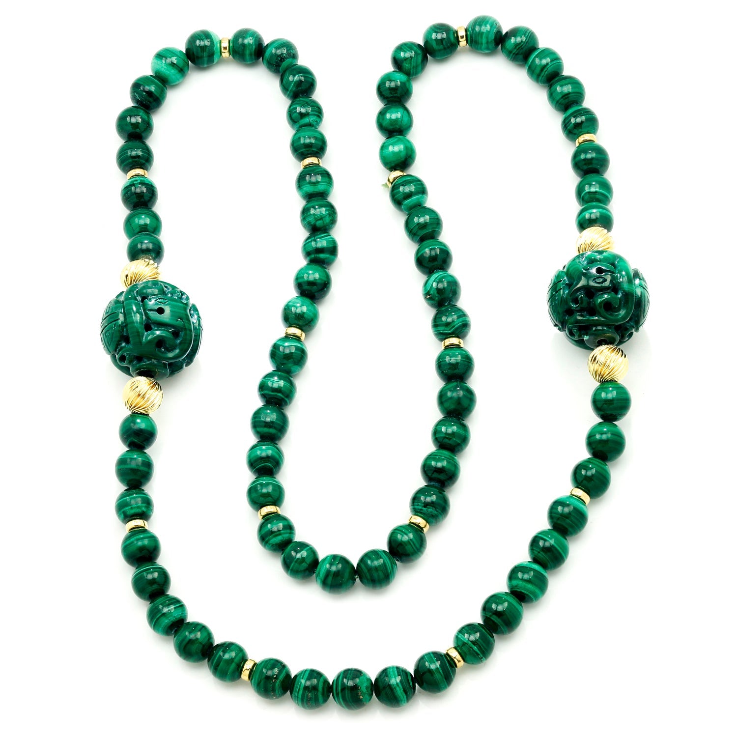Once Upon A Diamond Necklace Yellow Gold Vintage Carved Malachite Beads with 14K Yellow Gold 31"