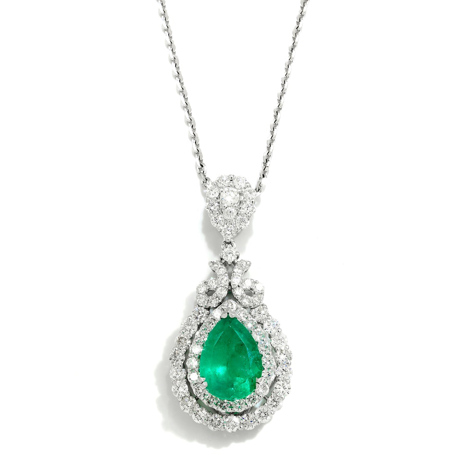 Once Upon A Diamond Pendant Necklace White Gold 3.20ctw Teardrop Emerald Pendant Necklace with Diamonds 18K White Gold