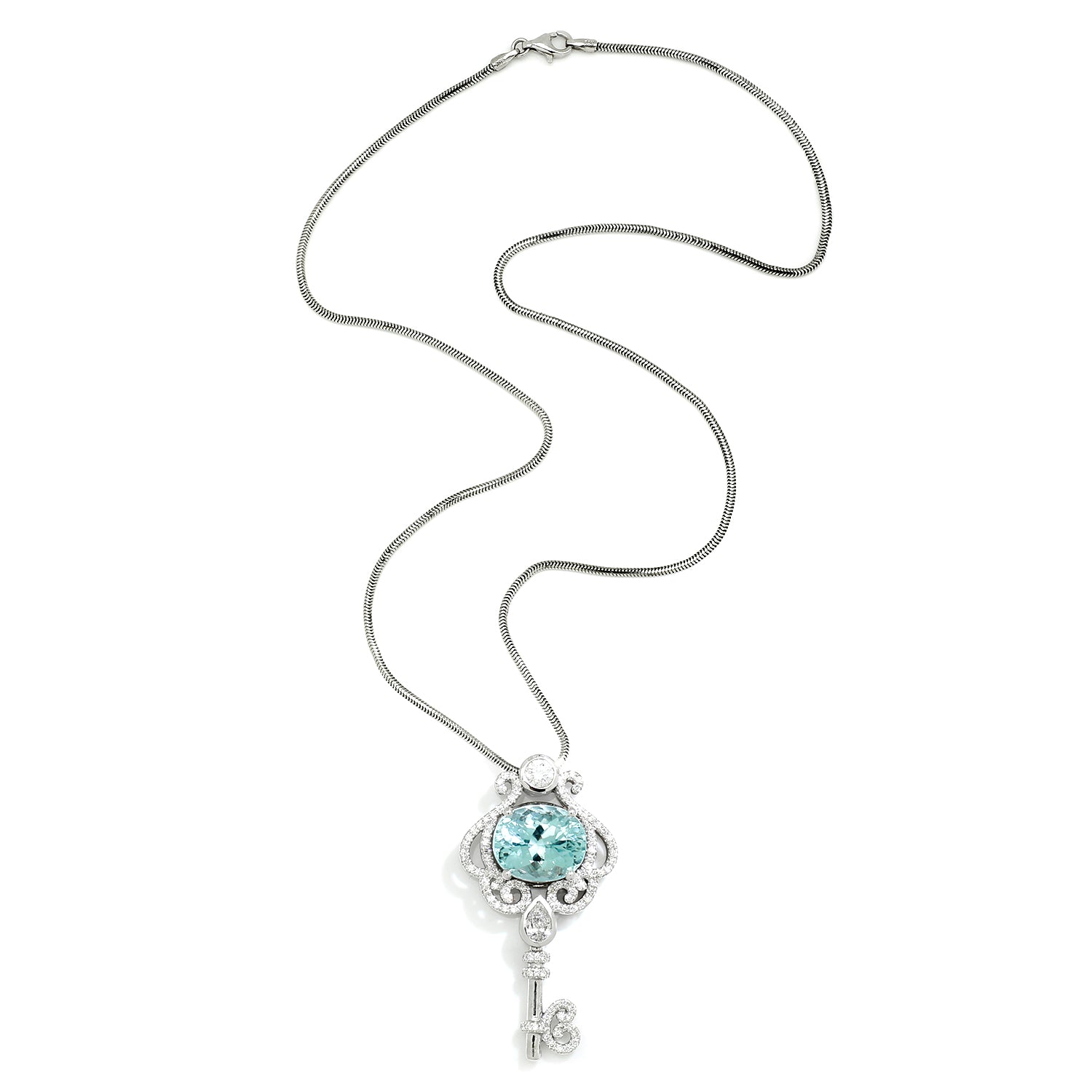 Once Upon A Diamond Pendant Necklace White Gold Aquamarine Key Pendant Necklace with Diamonds 14K White Gold