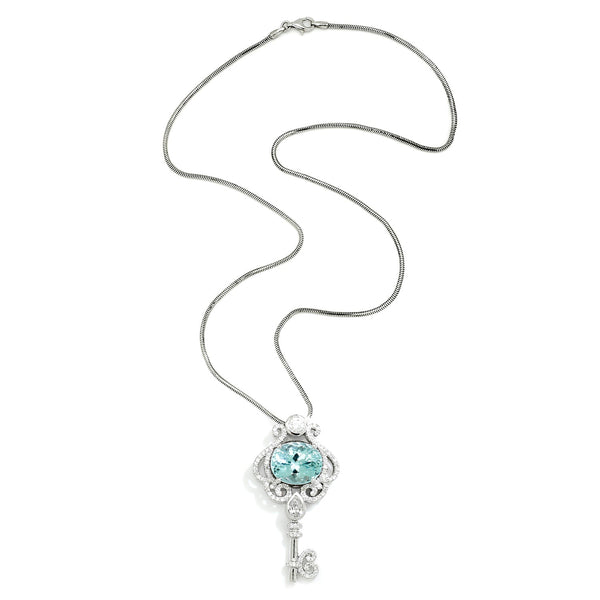 Aquamarine Key Pendant Necklace with Diamonds 14K White Gold - Image 2
