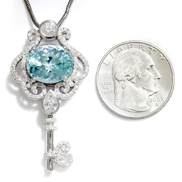 Aquamarine Key Pendant Necklace with Diamonds 14K White Gold - Image 3